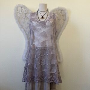Mauve Floral Embroidered Mesh Lace Tank Tunic Top Mori Girl Pastel Soft Girl